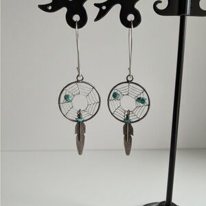 Elegant Vintage Silver Dreamcatcher Earrings with Turquoise Accents